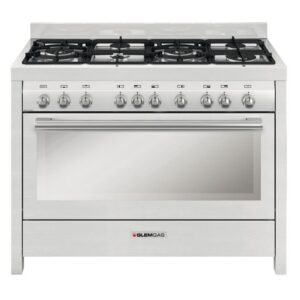Glemgas 6 Burners Gas Cooking Gas Oven With Gas Grill Turnspit Closed Door Grilling Oven Side Racks 1 Telescopic Racks Cast iron Pan Supports Full Safety 120 x 60 cm Color Silver Model - MGW626RI - 1 Year Warranty.