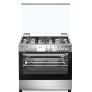 Baumatic 90cm 5 Burner Freestanding Gas cooker with 9 function Electric Fan Oven, 110L Oven Cavity, Cast Iron Pan Stands, Cavity Cooling Fan, Triple Glazed Cool Touch Doo Stainless Steel/Black  Model PMEC9GEESS | 1 Year Full Warranty.