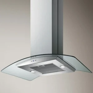 Baumatic 90cm Curved Glass Island Hood Electronic Touch Blue LED Control, Twin Aluminium Washable Grease Filters, Twin LED lamps Silver Model BMECH9IGLSS-2 | 1 Year Full Warranty.