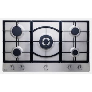 Baumatic 5 Burner Built-in Gas Hob Cast iron pan stands, Under Knob Auto ignition, 90 x 60 cm Silver Model - BMEH9GESS - 1 Year Full Warranty.