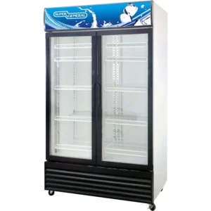 Super General 1200 Liter Double Door Chiller Upright Beverage Showcase Energy Saving Low Noise Color White/Black Model - SGSC1218IF - 1 Year Full 5 Year Compressor Warranty.