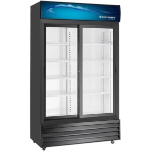 Westpoint 825 Liter Double Door Showcase Chiller Tempered Glass NO FROST Uniform Cooling Self Closing Doors Wire Shelves Top Canopy Light With Wheels Metallic Hinges Black Model - WPSN-8217.T2 - 1 Year Full 5 Year Compressor Warranty.