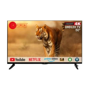 AFRA 50-inch 4K UHD Smart TV, Frameless, LED, Android 11, HDMI, USB, VGA, PC & Game Console Connection, Internet, Streaming, Netflix, Hulu, YouTube, Prime Video, Model AF-50114KBK - 1 Year Warranty