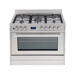 Baumatic 5 Burners Gas Cooker With Electric Oven With Grill Cast Iron Pan Glass Protective Lid 90 x 60 cm Grey Model - BMEC9GEPSS - 1 Year Warranty.