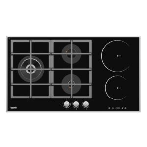 Baumatic Dual Fuel Hob Built In 3 Gas 2 Induction Zone Corded Electric, Gas Powered Flat Side Frame 90 x 60 cm Black Model - BMEH93G2I - 1 Year Warranty.