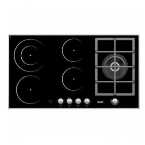Baumatic 4 Ceramic Electric Zone 1 Gas Burner Dual Fuel Cast Iron Pan Front Knob Controls 90 x 60 cm Black Model - BMEH94E1G - 1 Year Full Warranty.
