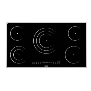 Baumatic 90cm 5 zone Ceramic Hob. 3 standard ceramic zones, Front touch control, residual heat indicator, Black Model BMEH95EE | 1 Year Full Warranty.