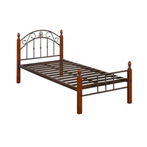 Galaxy Design Iron Metal & Oak Wood Single Bed - Black with Mahogany Legs - 190(L) x 90(W) x 110(H) cm