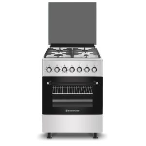 Westpoint 60 x 60 cm 4-Burner Gas Cooker Auto Ignition Full Safety Grill Function Double Knob Turnspit Grid Timer Oven Tray Freestanding Silver Model - WCER6640G0I | 1 Year Warranty