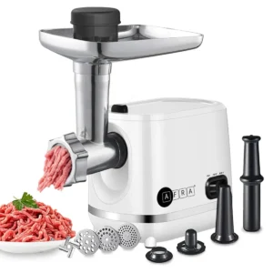 AFRA Meat Grinder, 1200w, 3 Cutting Discs, Aluminum Construction, Stainless Steel Cross Knife, food storage pusher, kibbeh & sausage attachment, Model AF-1200MGWT - 1 Year Warranty