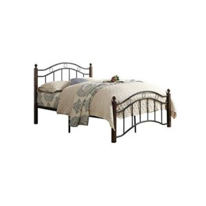 Galaxy Design Steel and Wood Single Bed with Medical Mattress, Black with Mahogany Legs - 190(L) x 90(W) x 120(H) cm